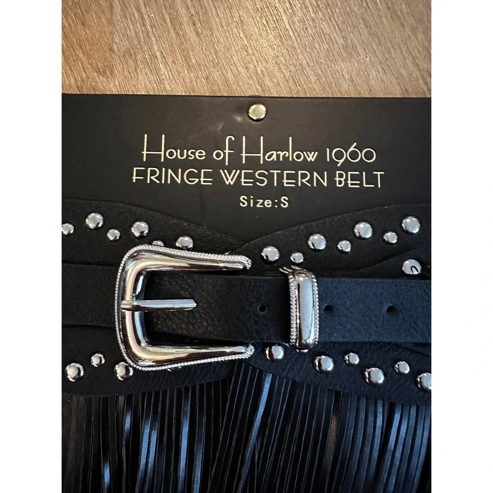 House of Harlow 1960 Fringe Western Belt Black Studded Silver Buckle Size S NEW